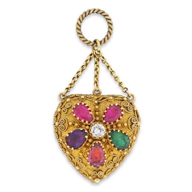 This gorgeous yellow gold Georgian heart locket spells out the word Regard in rubies, emerald, garnet, amethyst and a round brilliant-cut diamond. Available from Bentley & Skinner.
